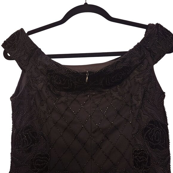 Adrianna Papell Black Off The Shoulder Beaded Floral Evening Dress Size 6 - Picture 3 of 10